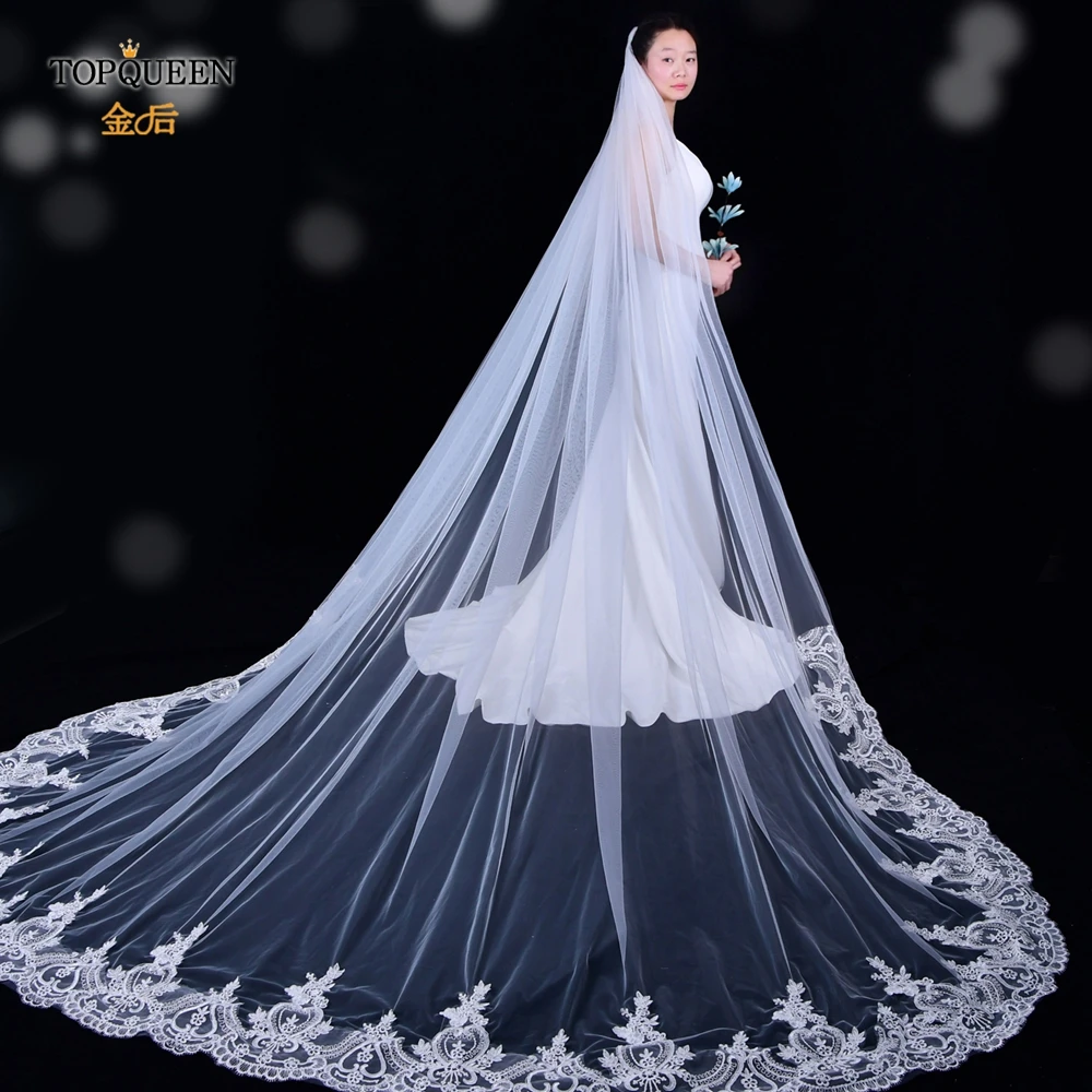 TOPCLS-Voile de mariage cathédrale avec peigne, voile de mariage français, tulle transparent, appliques de broderie en dentelle Alençon, EEN V73, 3m de long