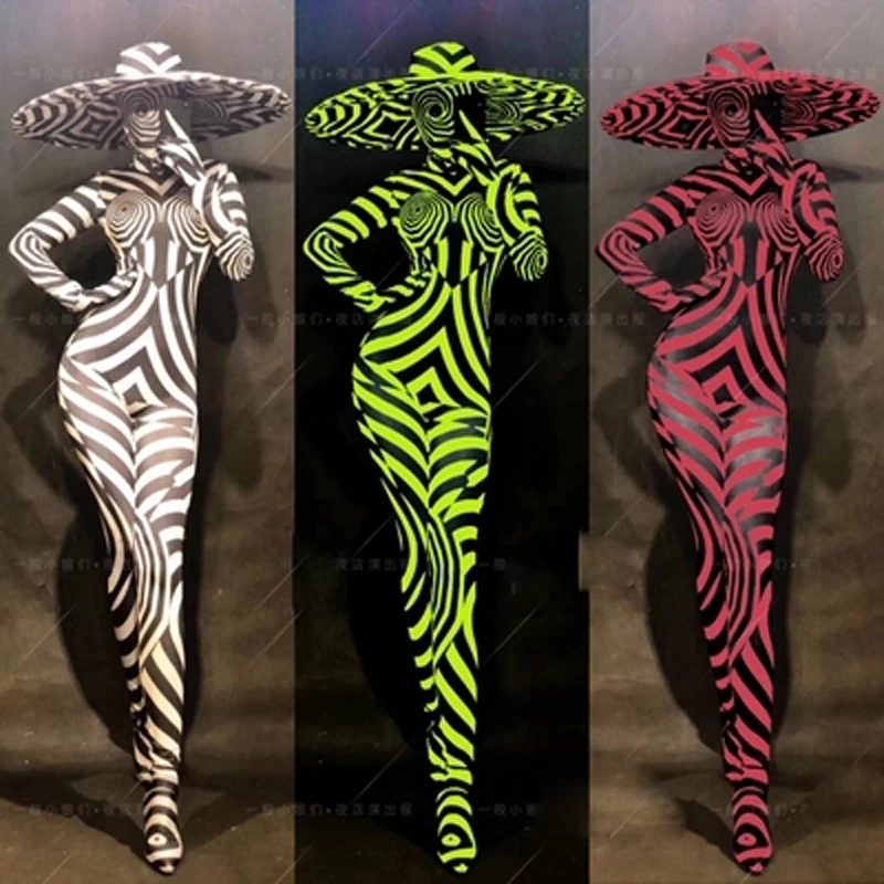 

Sexy zebra costumes big hats green red black jumpsuits night club party cosplay costume performance stage tv show dance wear