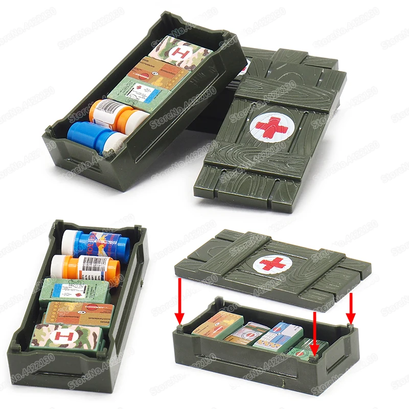 Ensamblaje de bloques de construcción de caja de suministro del ejército frontal, figuras de guerra militares Moc, equipo médico Boxe, modelo para