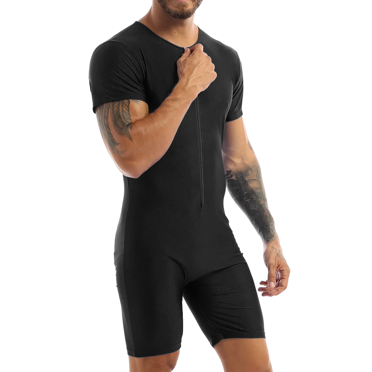 Mens Short Sleeve Zipper Front Leotard Bodysuit One-Piece Dance Gym Workout Jumpsuit Biketard Unitard Wrestling Singlet