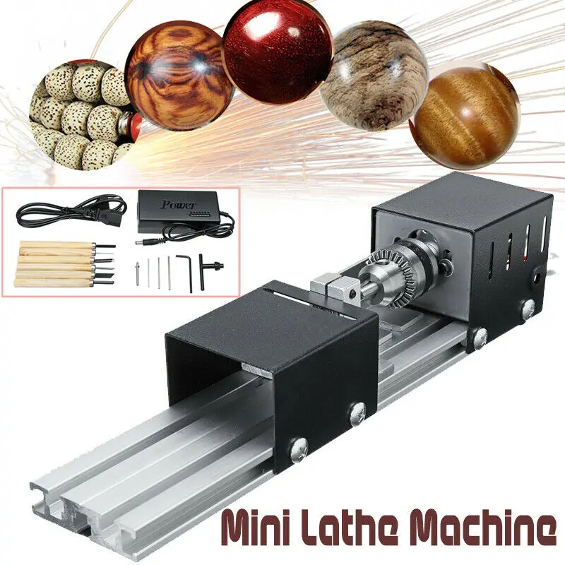 200W Mini Lathe Beads Machine Woodwork DIY Lathe Polishing Drill Set with Adapter Carving Cutter Wood Lathe and 6 Carving Blade