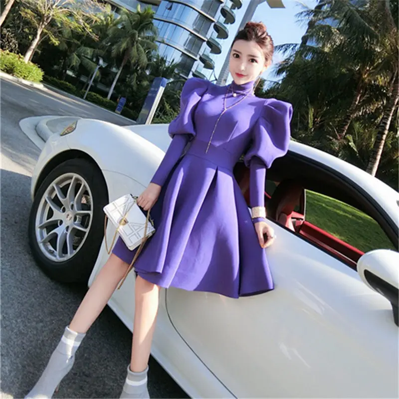 2021 Autumn Winter Puff Long Sleeve Party Dresses For Women Turtleneck Slim A-Line Elegant Woman Red Dress