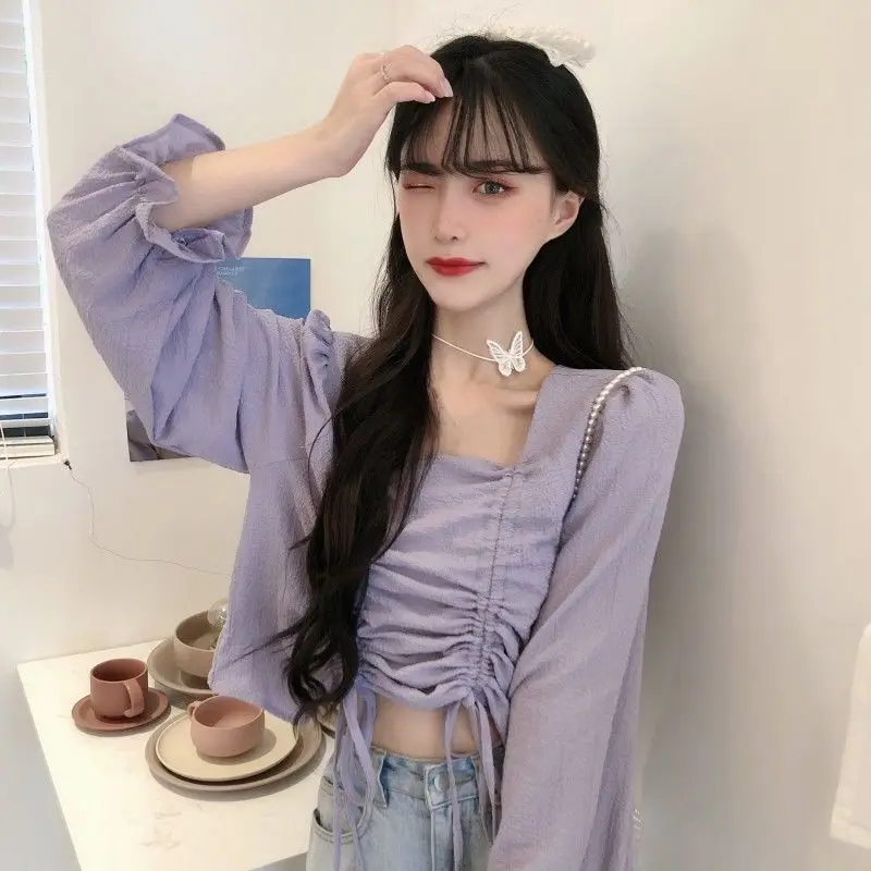 Women Blouses Solid Square Collar Retro Shirring Ruffles Sweet Hot Lovely Chiffon Ulzzang Flare Sleeve Elegant Shirts Tender New