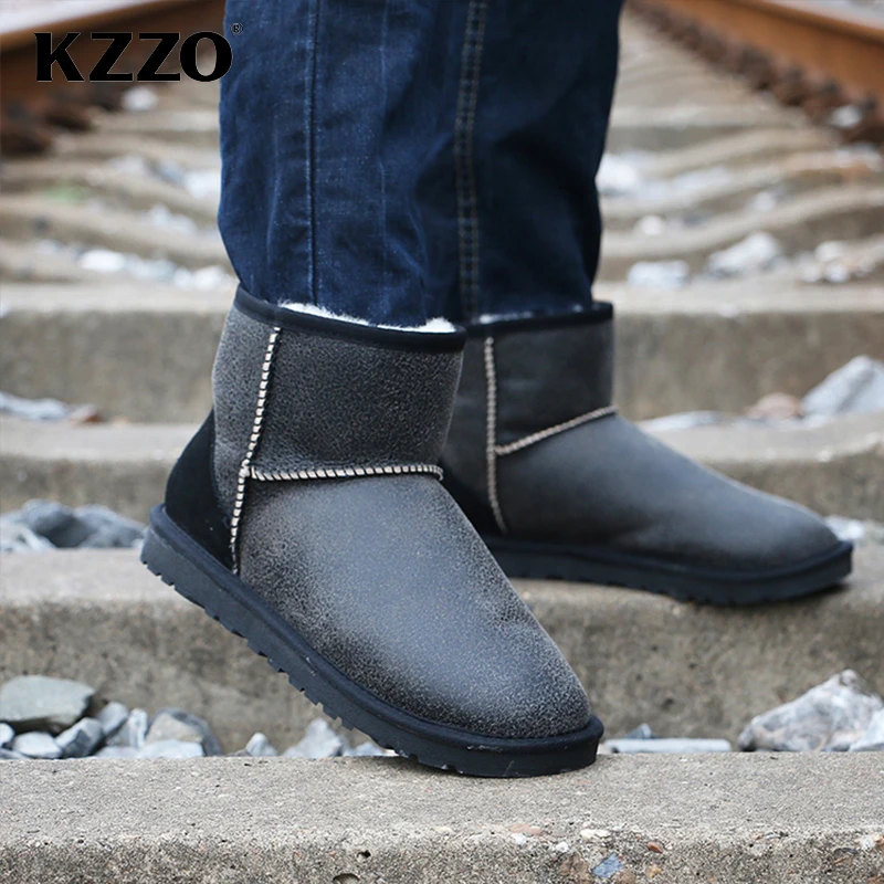 KZZO Real Sheepskin Men\'s Snow Boots Australian Classic Natural Fur Wool Lined Short Ankle Winter Warm Shoes Non-slip Waterproof