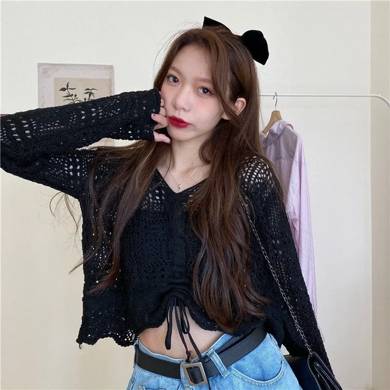 Pullover Women Hollow Out Korean Simple Fashion Casual Spring Feminine Chic Student Tender Slim Soft Streetwear Crops Knitwear