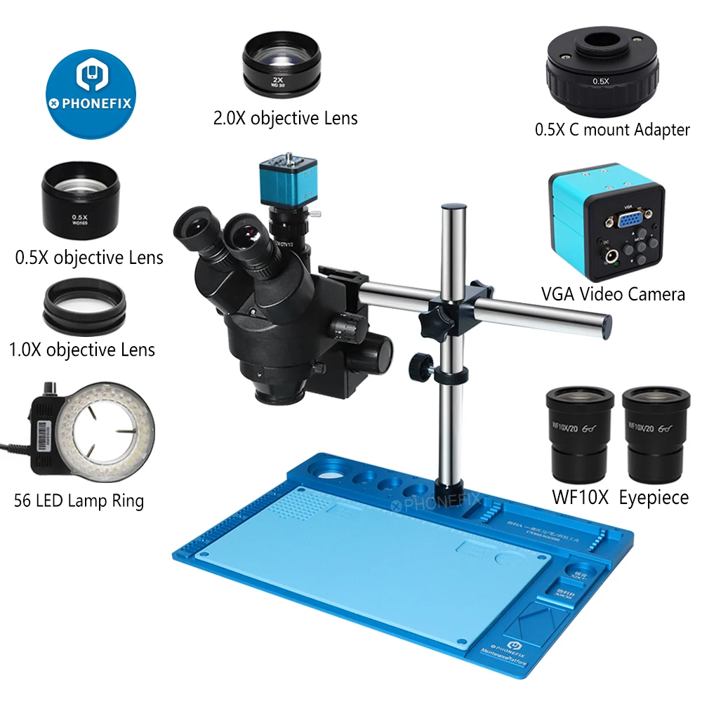 Phone PCB Soldering Repair Biological Lab Industrial 3.5X-90X Simul-focal Trinocular Stereo Microscope with Camera Len LED light