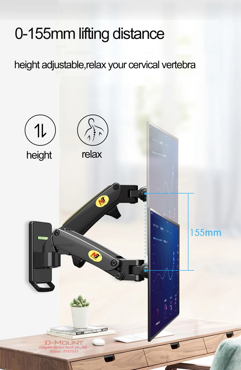 NB F120 17-27' Gas Spring Full Motion TV Wall Mount Bracket LCD Monitor Stand Aluminum Arm Bracket Silver 360 Rotate