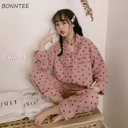 Pajama Sets Spring Autumn Basic Soft Kawaii Print Ulzzang Fashion Ladies Sleepwear College Oversize Popular Femme Homewear Chic