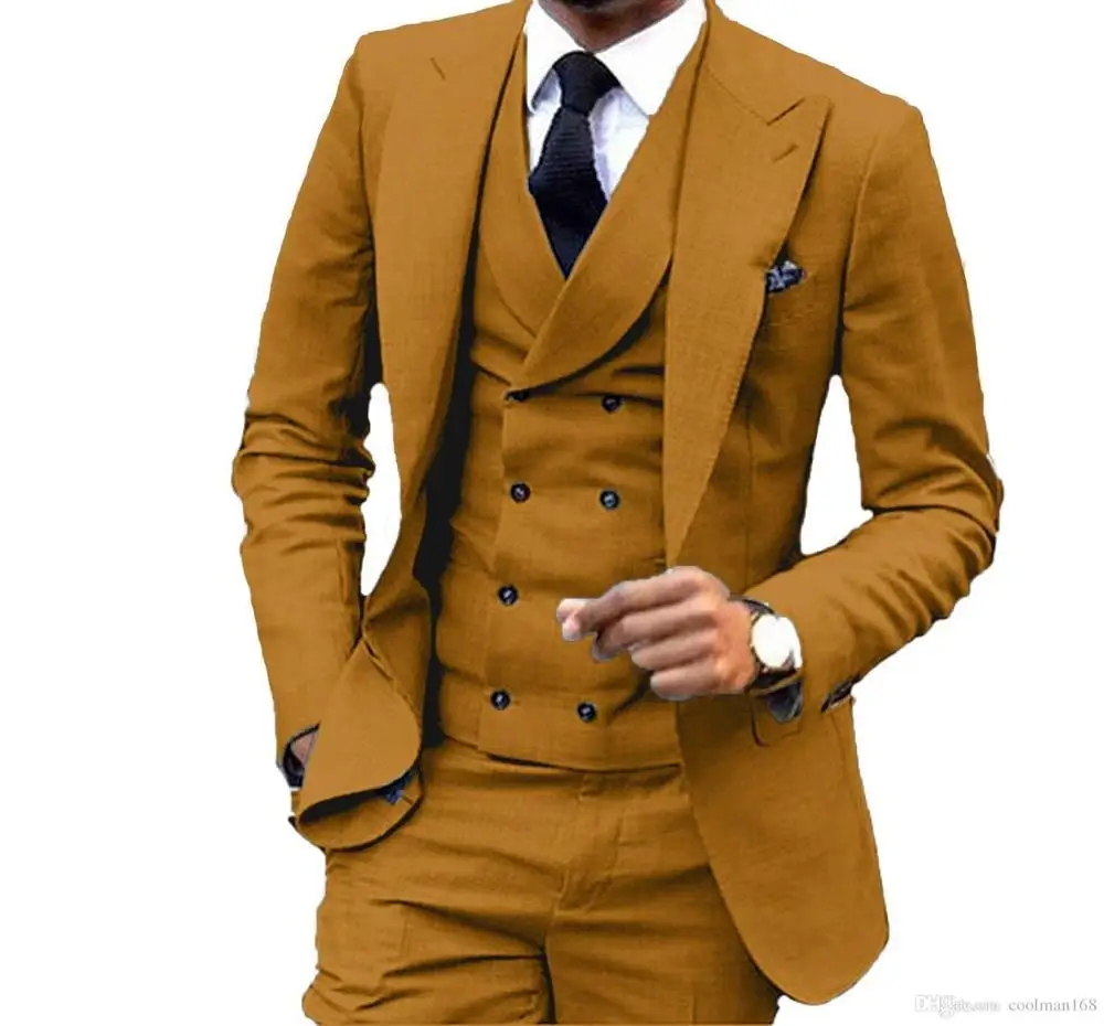 Slim Fit Brown Yellow Groom Tuxedos Peak Lapel Groomsmen Mens Wedding Dress Popular Man Jacket 3 Piece Suit(Jacket+Pants+Vest）