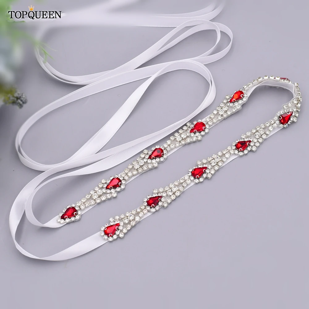 TOPQUEEN S31หรูหราเข็มขัดชุดแต่งงานเจ้าสาวสีแดง Rhinestones Applique คริสตัลบางประกายเพชร Sash ผู้หญิง Jewel ของขวัญ