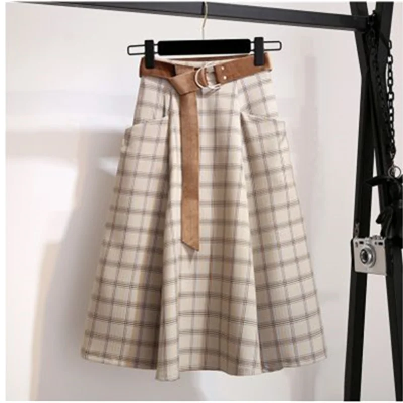 With Belt Tartan Skirt Women's Vintage Long High-Waist A- line Dress Woman Skirts Mujer Faldas Saias Mulher