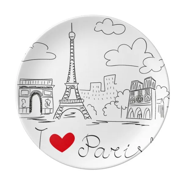 

I Love Paris France Eiffel Tower Line Dessert Plate Decorative Porcelain 8 inch Dinner Home