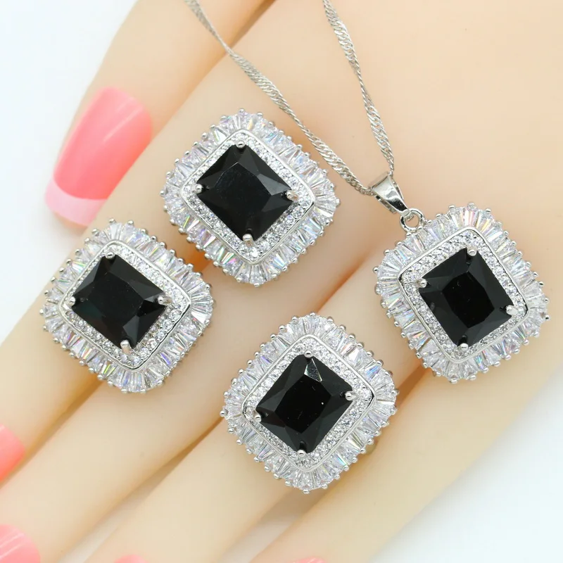 Black Stones Silver Color Bridal Jewelry Sets For Women Necklace Pendant Earrings Rings Gift Box