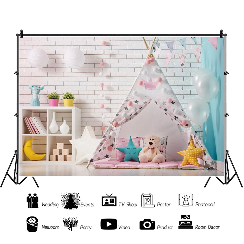Laeacco compleanno Scenic Interior Baby Shower Photocall Poster muro di mattoni palloncini tenda sfondo fotografico fondali fotografici