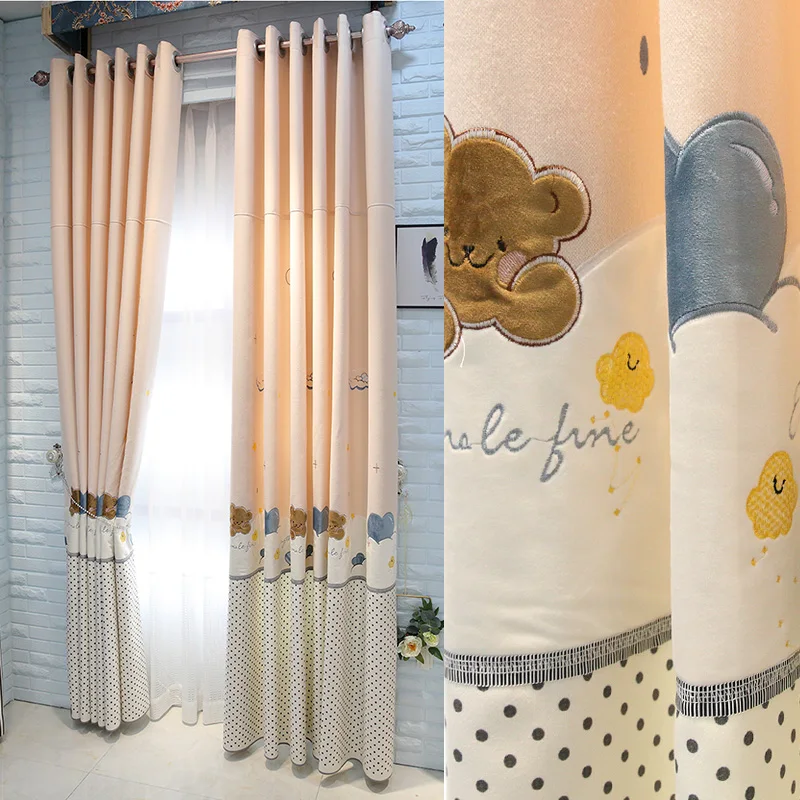 Customized cute little bear cartoon pink children's room curtain bedroom girl princess room bay window shading customization