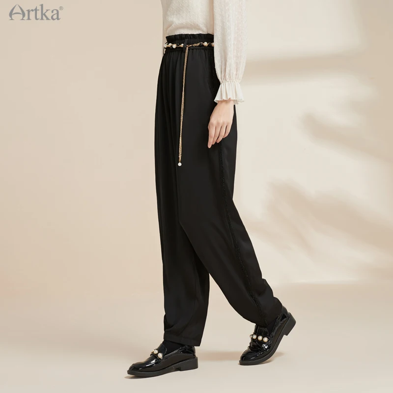 ARTKA 2021 Autumn New Women Pants Fashion Casual Black Straight Pants Elastic High Waist Loose Trousers With Pockets KA20012D