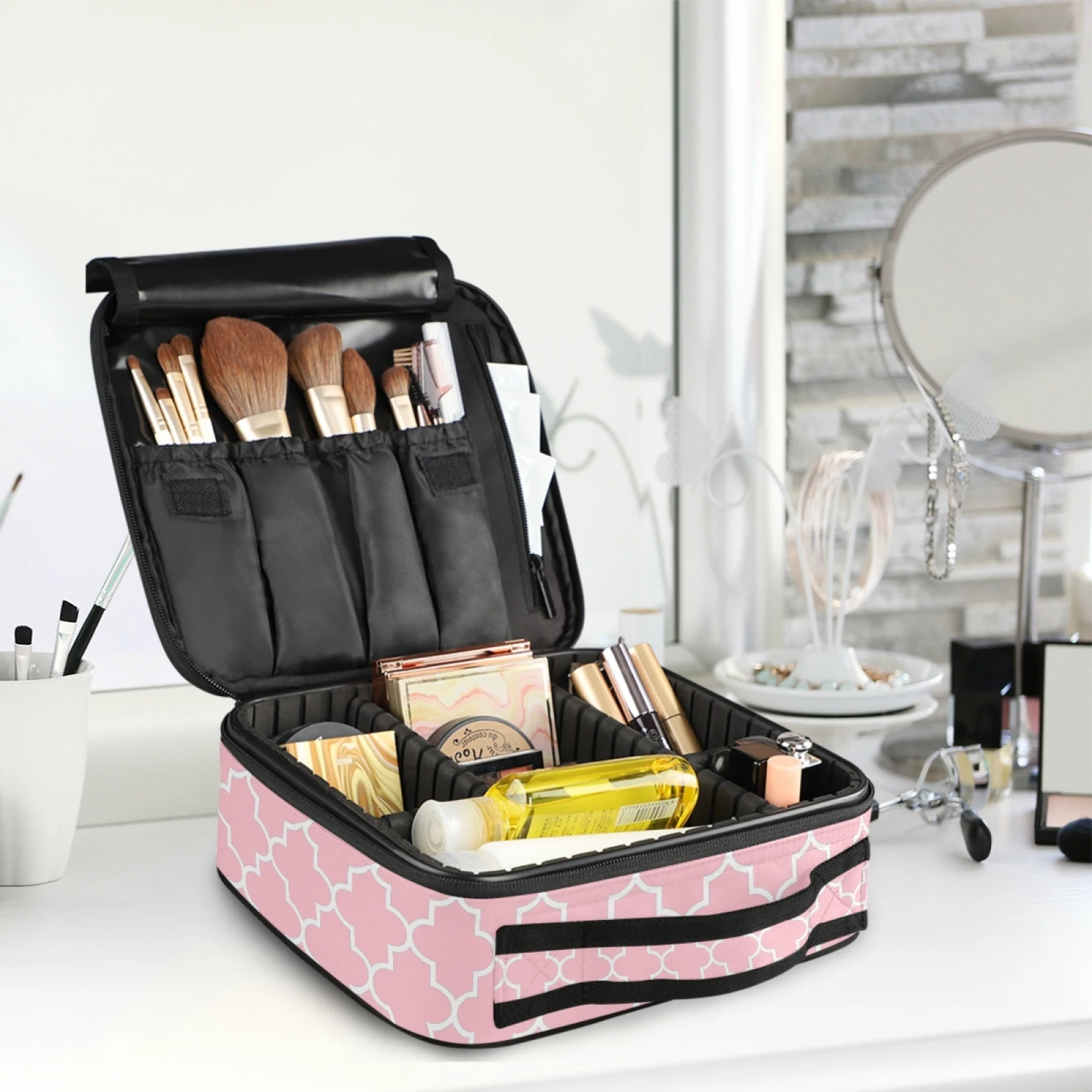 ALAZA New Cosmetic Bag Women Handle Organizer Fashion Toiletry Bag Storage Waterproof Pink Grid Pattern Makeup Bag Makeup Case