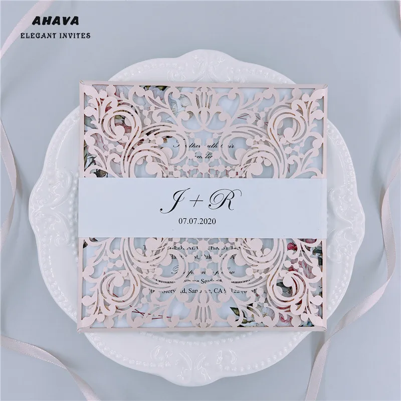 

50pcs Blush Square Glitter Paper Laser Cut Wedding Invitation Card With Personalized Wedding Decor Party Supplies