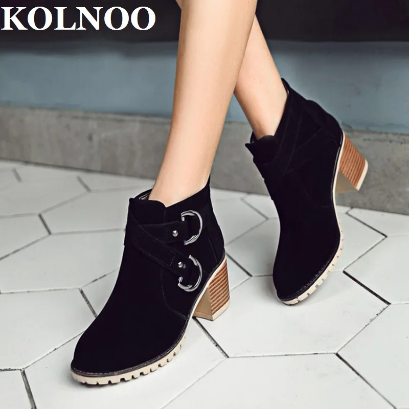 

KOLNOO Retro Handmade Womens 5cm Blocked Heels Boots Cross Buckle Straps Work Ankle Booties Vintage Fashion Winter Short Shoes