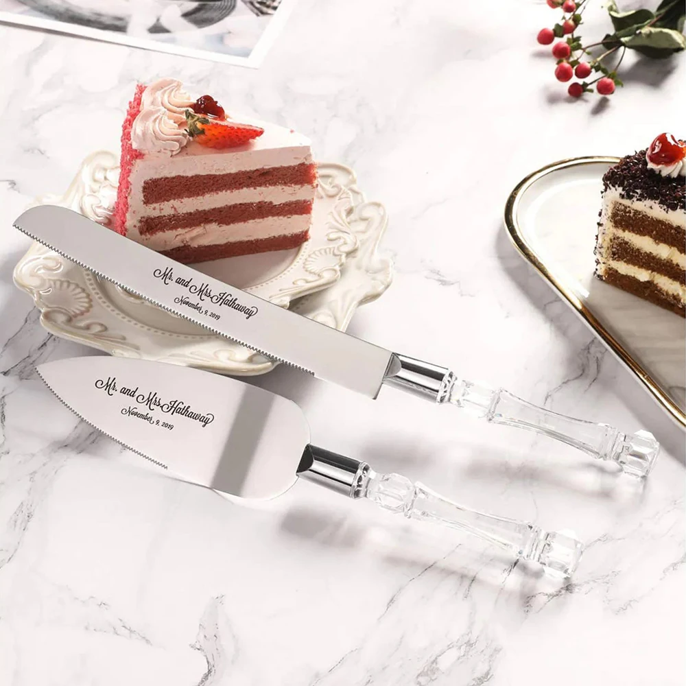 Personalized Wedding Cake Knife Server Set Laser Engraved Transparent Cake Shovel Set Custom Name Wedding Decoration Cake Cutter