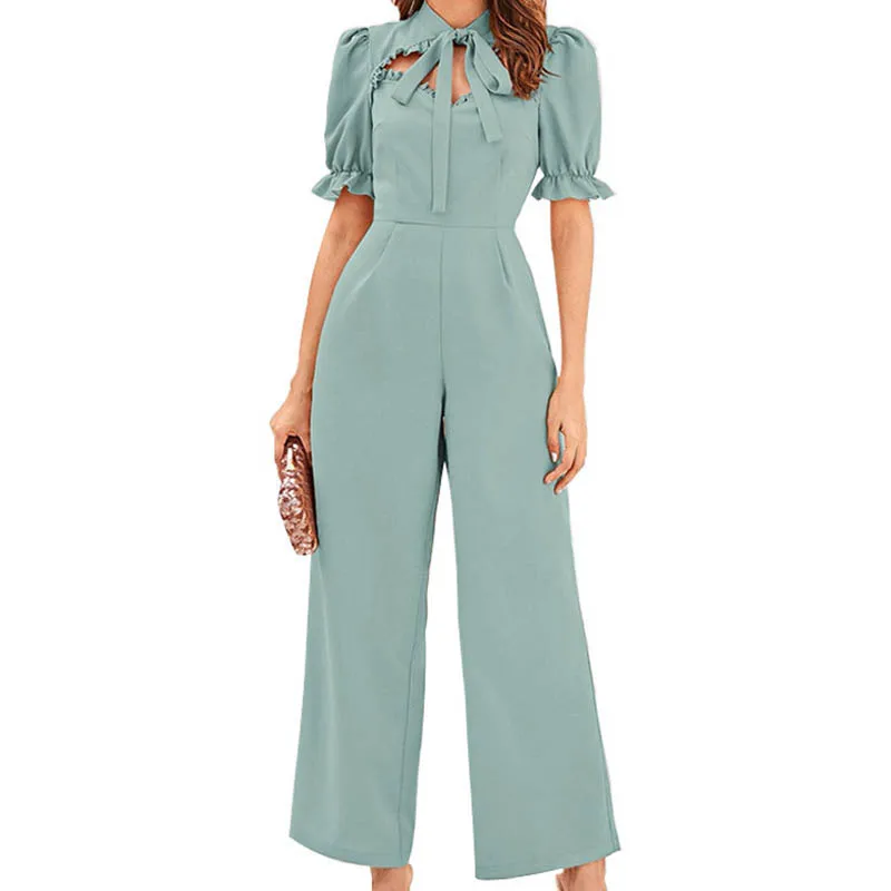 Women's High Waist Jumpsuit 2021Summer New Short-Sleev Solid Color Chiffon Jumpsuit Casual Loose Holiday Jumpsuit Wide-Leg Pants