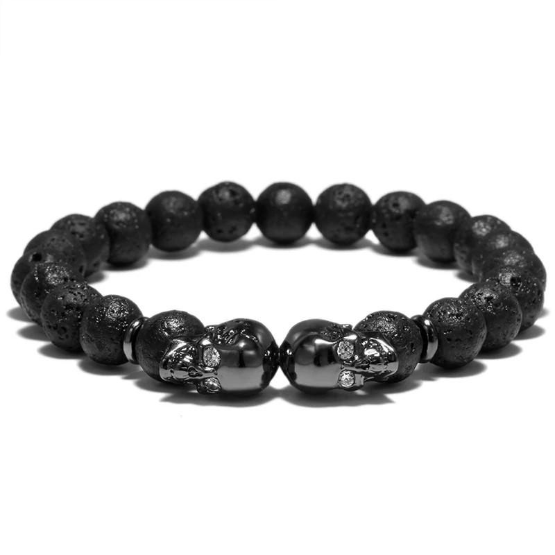 Pulsera Punk con diseño de doble cabeza de calavera para hombre, brazalete de Lava con cuentas de piedra Natural de 4 colores, pulsera de motorista,