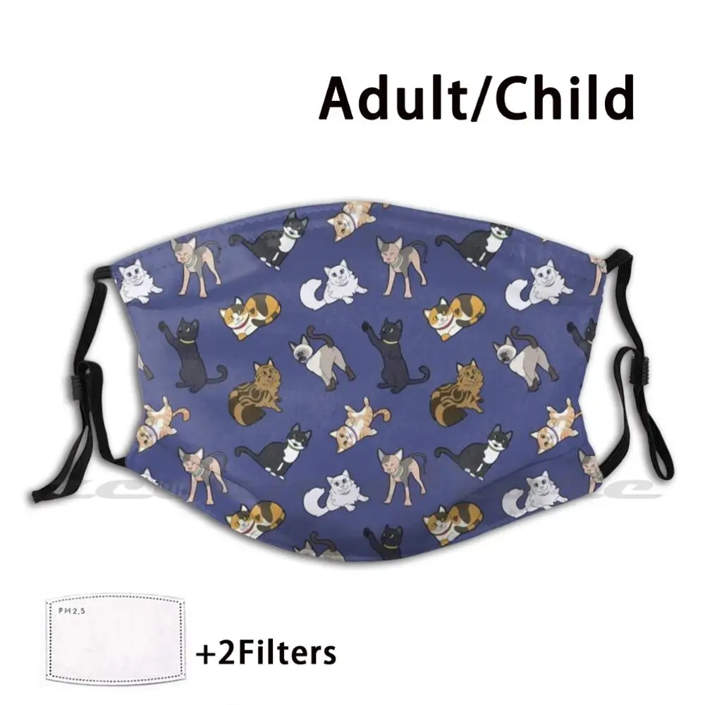 Kat Patroon-Navy Masker Doek Herbruikbare Print Filter Wasbare Kat Katten Kitten Kittens Siamese Kat Siamese Zwarte Kat Sphynx