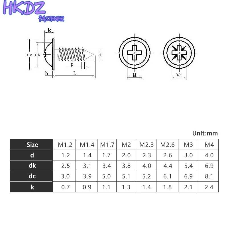 PWA Nickel Plated Cross Round Head Self Tapping Screw With Pad M1.2-M4 Pan Head Tapping Screws With Washer