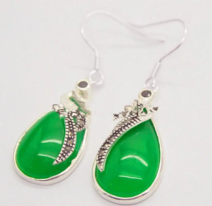 

Hot Sell 15*26mm Natural Green Natural jade 925 silver & Marcasite Earrings