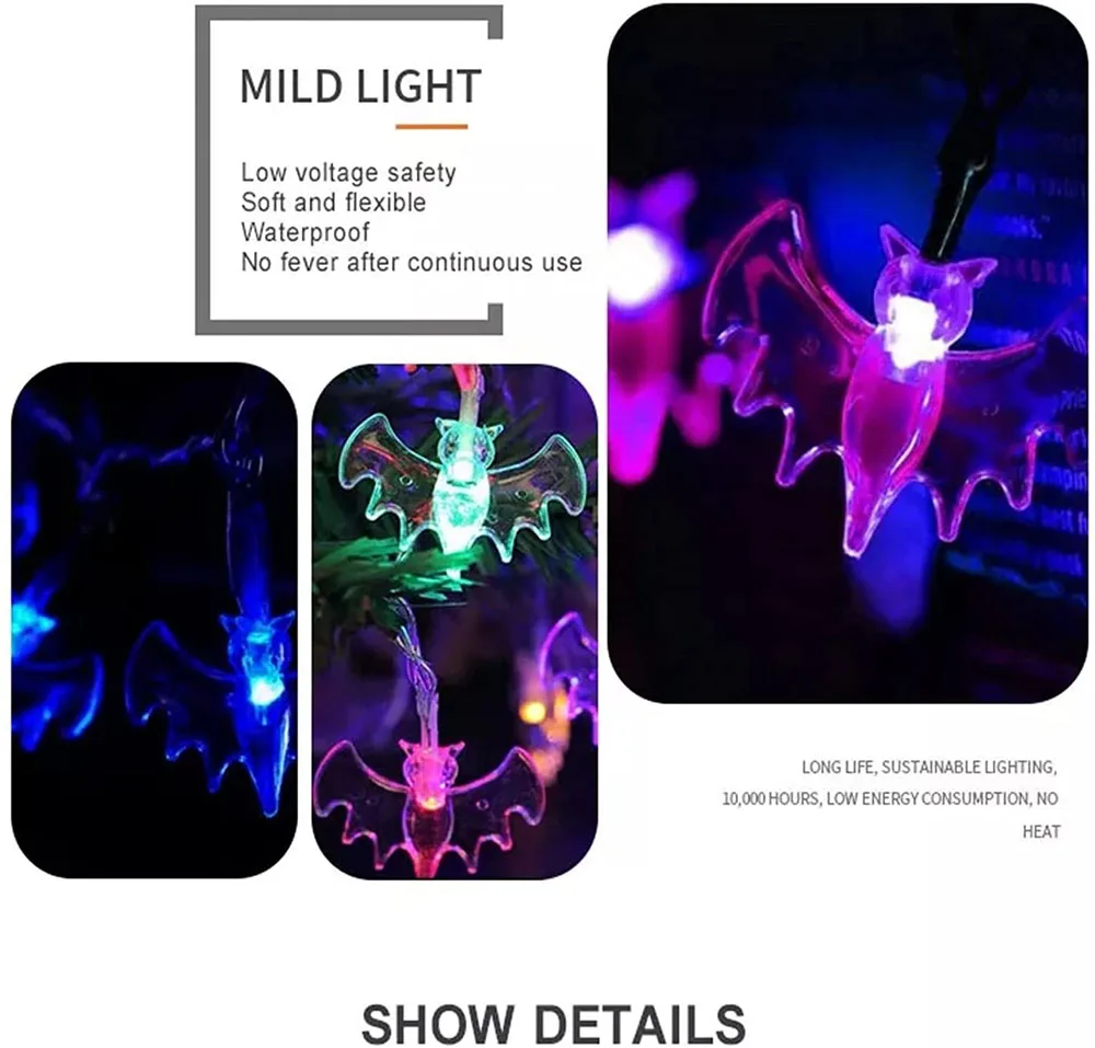 Battery Powered LED Halloween Bat String Lights 1.5/3/6M Led for Outdoor Halloween Christmas Party Decoration