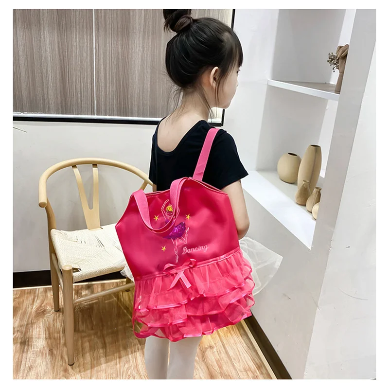 Ruoru Girls Pink Ballet Dance Bag Students Backpack Embroidered Ruffled Handbag Children Ballerina Bag Kid Gymnastics Backpack