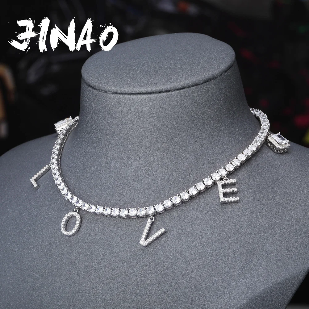 JINAO Butterfly Chain 4MM Tennis Chain Letters Stones Pendant Choker Necklace Iced Out Cubic zircon Bling Hip Hop Charm Jewelry