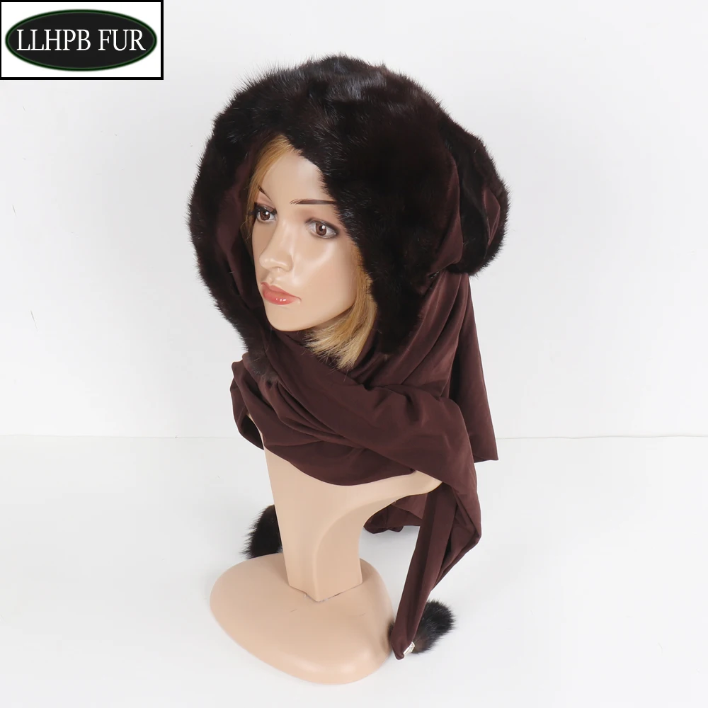 New Outdoor Women Real Mink Fur Hat Scarf Winter Woman Warm Natural Mink Fur Hooded Muffles Luxury Full Pelt Lady Fur Scarves