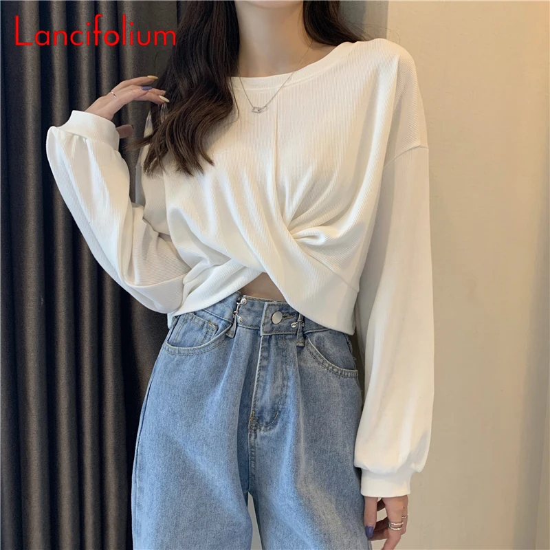 Y2k 90S Streetwear Women White Crossover Wrap Kawaii Korean Harajuku Hoodie Crewneck Long Sleeve Crop Top Indie Cute Sweatshirts