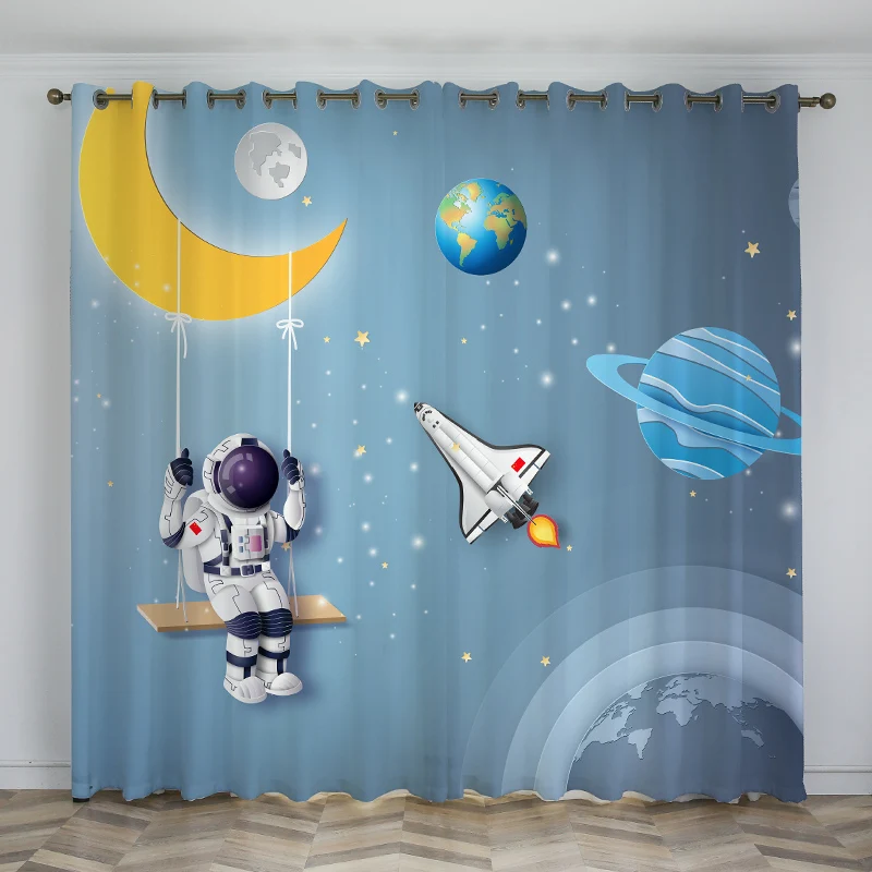 Custom Size Eco-friendly Rocket Spaceman Planet Moon Universe Cartoon Digital Printed Blockout Curtains For Kids Boys Bedroom