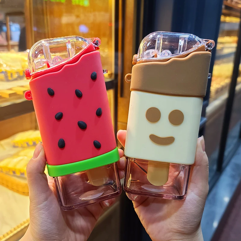 Cute Ice Cream Plastic Water Bottle With Straw Strap Popsicle Water Bottle Watermelon Kettle Leakproof Tritan Bottle BPA Free Cu