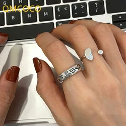QMCOCO Vintage Chic Design Geometric Pattern Silver Color Ring New Fashion Adjustable Heart-Shape Ring Exquisite Jewelry Gift