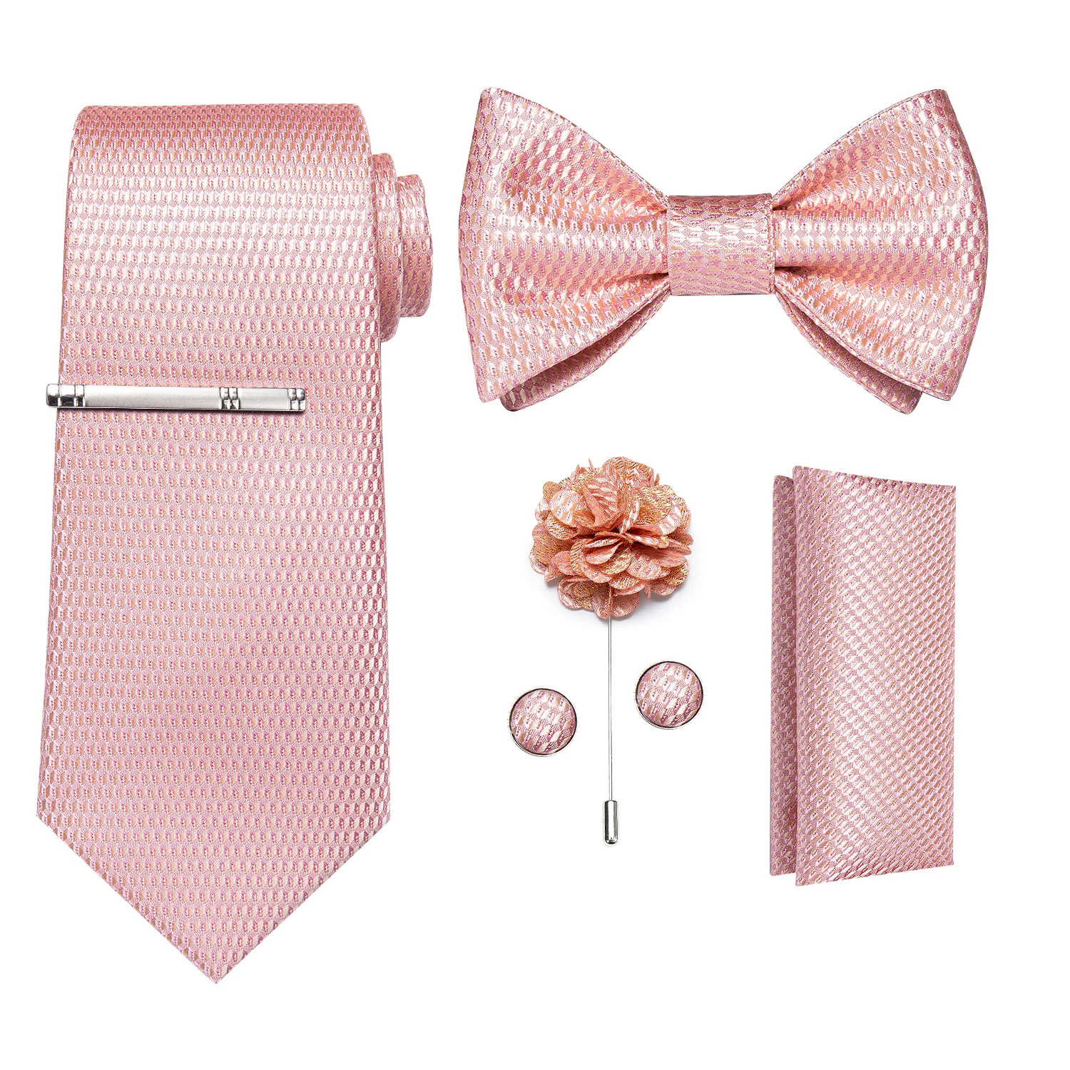Solid Pink Plaid Ties For Men Fashion Men's Self Tie Bow Tie Pocket Square Cufflinks Set Men Neck Tie Clip And Brooch
