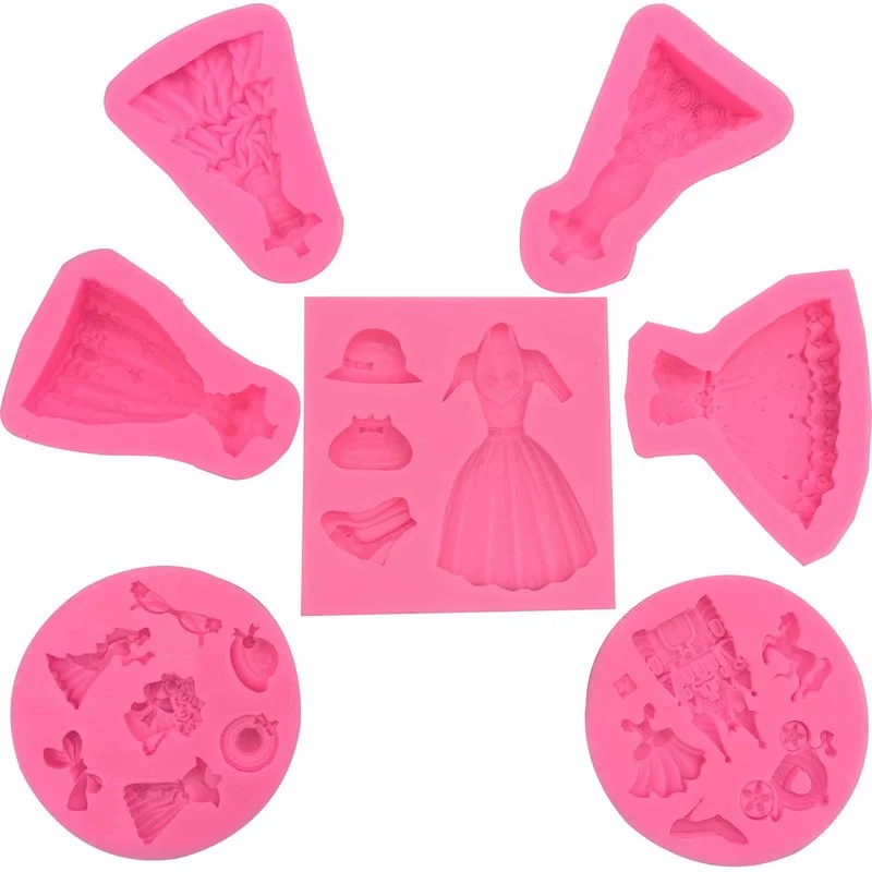 1PC Silicone Mold Bridal Wedding Dress Fondant Evening Dress Skirt Pattern Fudge Cake Mold Clay Craft Decoration Tools Pink