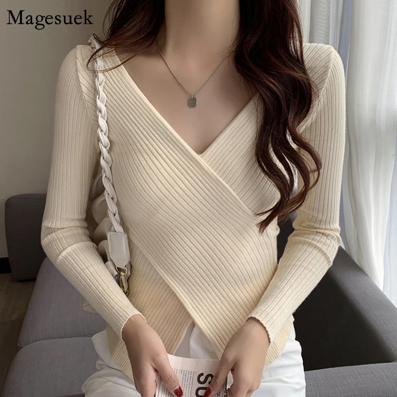 

V-neck Slim Knitted Women's Sweater Autumn and Winter 2021 Korean Pullover Women Sweaters Slim Long Sleeve Jumper Sweater 16157