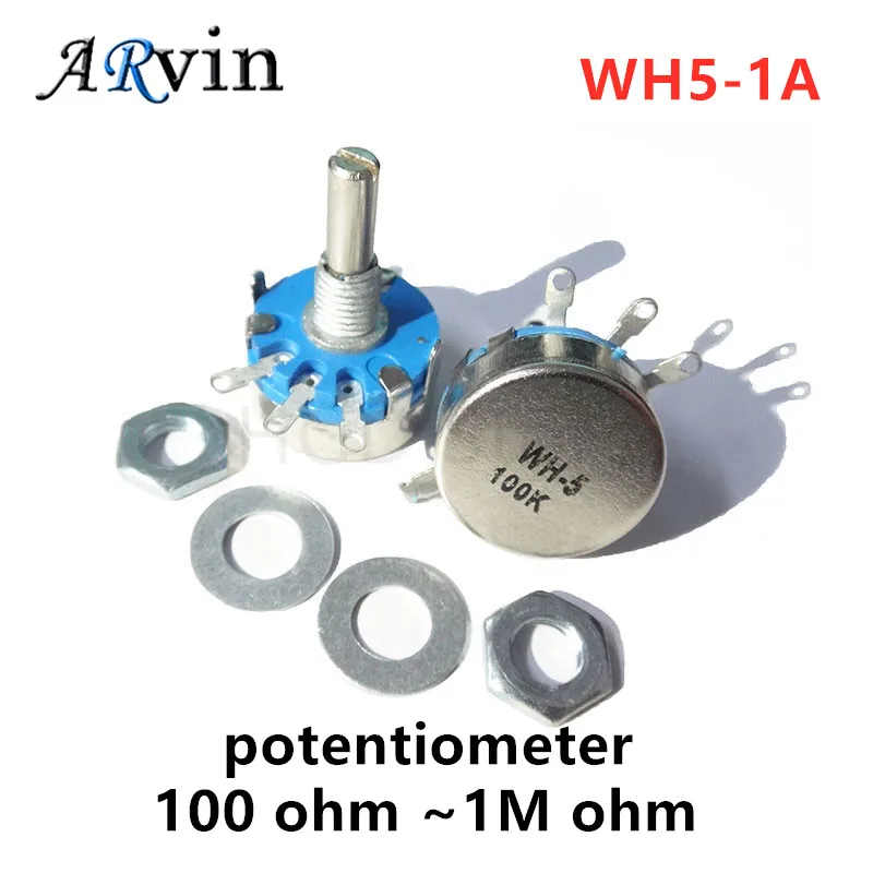 5PCS WH5-1A Carbon Potentiometer 100R 470R 1K 2K 4.7K 10K 22K 47K 100K 220K 470K 1M 3-Terminals Round Shaft Rotary Taper