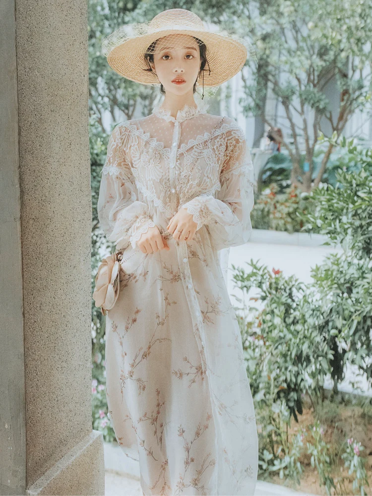 

YAMDI vintage long sleeve spring summer boho elegant a-line dresses women luxury runway dress 2020 party lace embroidery vestido