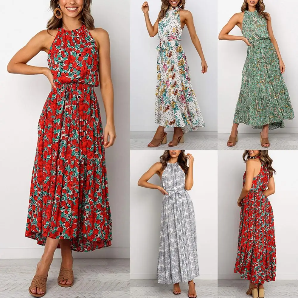 

Bohemian Women Dress Maxi Sexy Sleeveless Floral Print High Waist Belt Large Hem Long Halter Sundress Beach Summer Belted Robe V