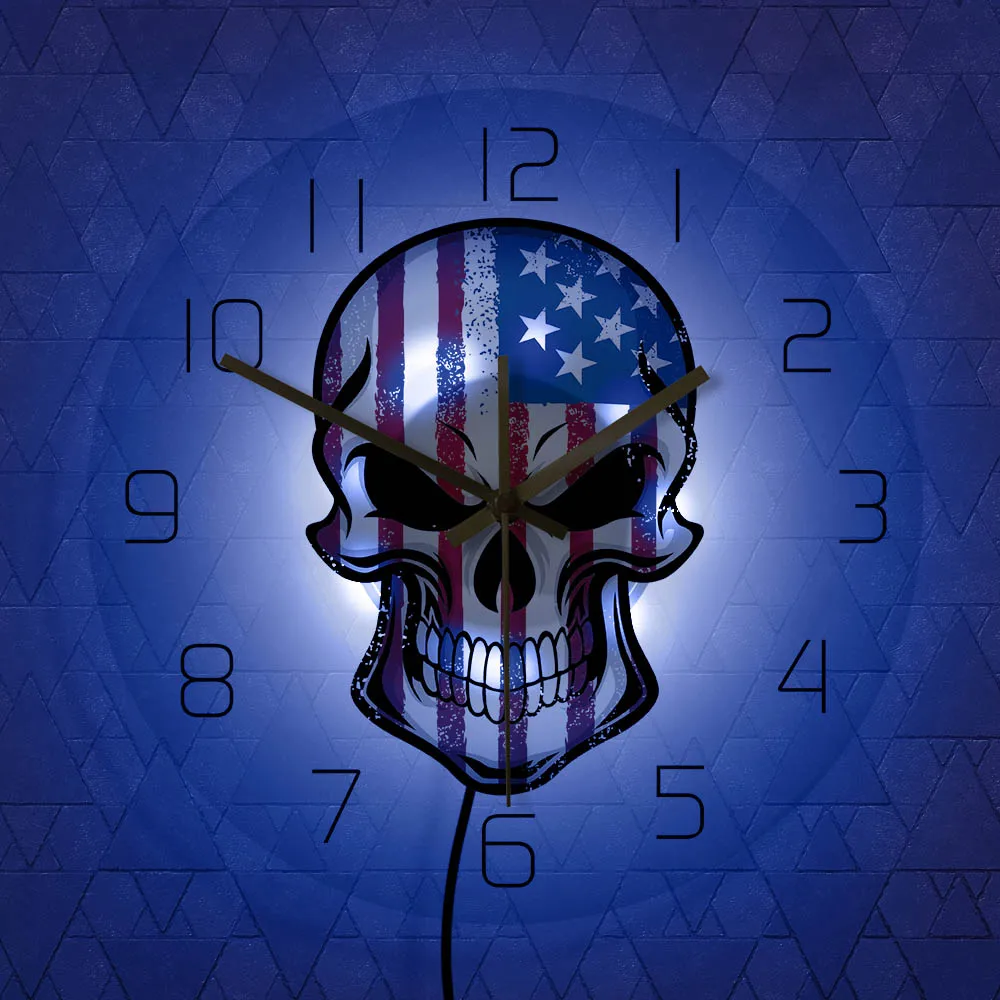 Skull Painted in USA Flag America Skull Head Acrylic LED Wall Clock United States Patriotic Wall Decor Hanging Wall Light Watch