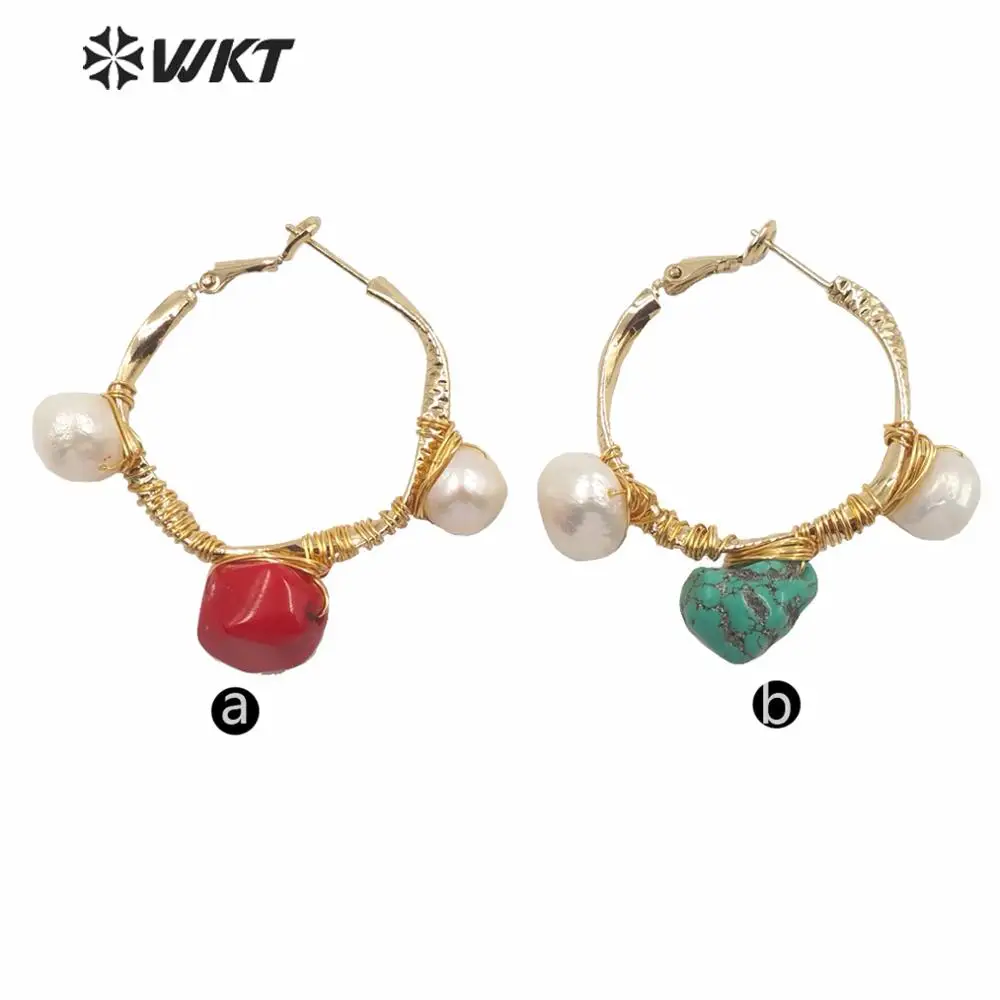 WT-MPE029 Fashion gold hand make wire wrapped tur quoise stone push back earrings big round hoop clasp earrings for fashion part