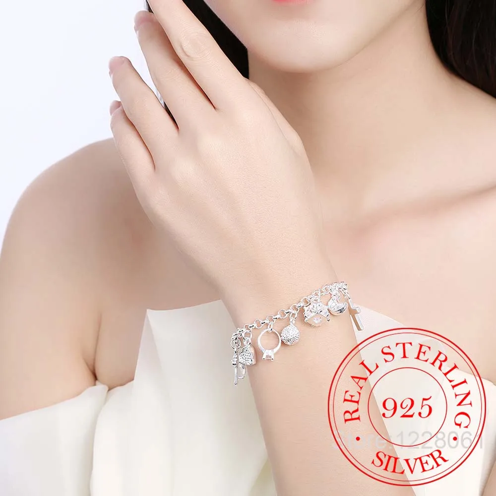 925 sterling silver 13 charms Cross Lock Key Heart Star Moon Flower Zircon bracelet bangle women's fine jewelry Accessories