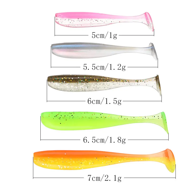 JYJ box package 50pcs 5cm 5.5cm 6cm 7cm soft T tail paddle tail baits ,artificial isca pesca wobbler bass minnow lure silica