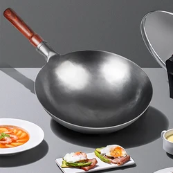 30/32cm Iron Wok  Chinese Traditional Iron Wok with Detachable Wood Handle Frying Pan Un-coated  Pot Non-stick Pan Gas Cooker