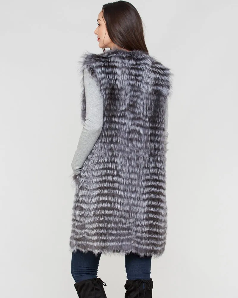 Real Fox Fur Woven Vest for Ladies, Silver Fox Fur, Long Pearl Vest