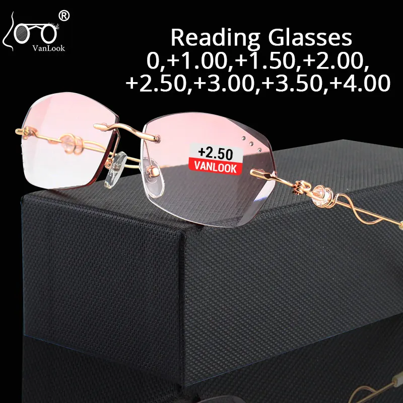 

Farsighted Spectacle Rimless Rhinestone Women Reading Glasses Blue Light Blocking For Computer Screwless Eyeglass Frames 0 14 5